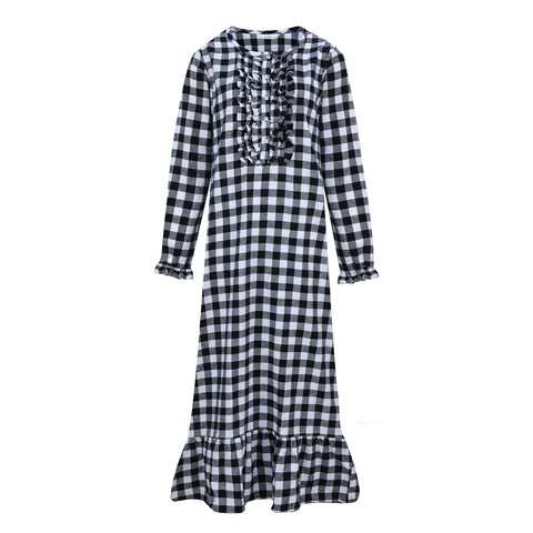 Women's Premium Flannel Long Gown - Gingham Black-White